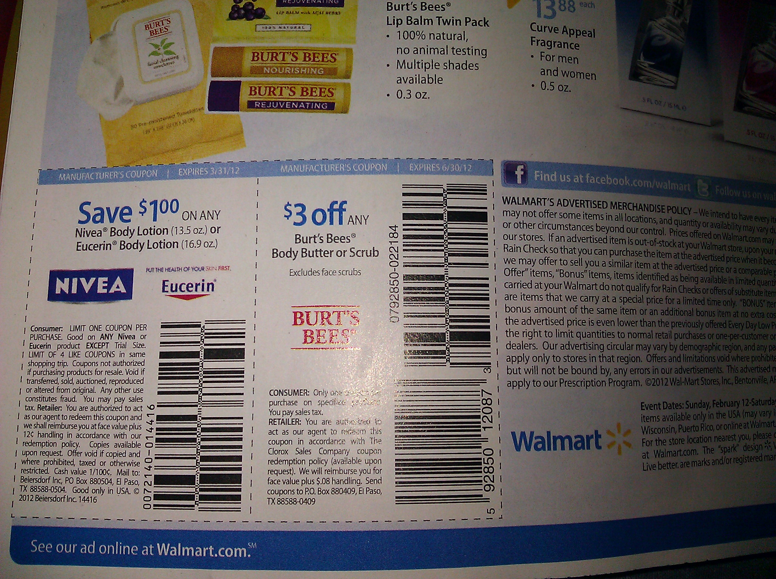 Walmart Discount coupons in just the Sunday Paper Nivea and Burts Bees picture regarding 3.00 Off Nivea Printable Coupon named Walmart Coupon codes inside the Sunday Paper Nivea and Burts Bees