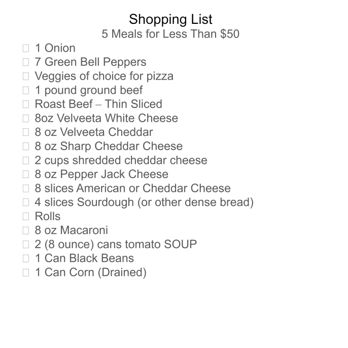 shopping list 5 for $50