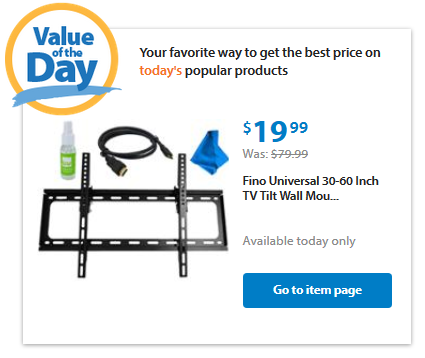 Walmart Value Of The Day: TV Tilt Wall Mount Kit Only $19.99 (Reg Walmart Value of the Day: TV Tilt Wall Mount Kit only $19.99 (Reg $79.99) - Walmart Value Of The Day: TV Tilt Wall Mount Kit Only $19.99 (Reg