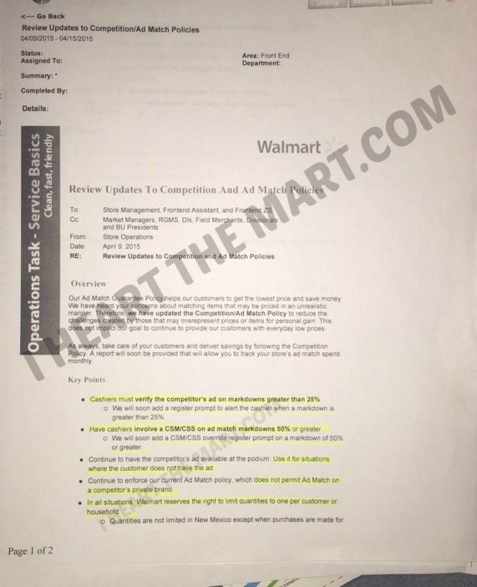 Walmart Ad match changes for cashiers pg 1