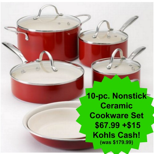 10-pc. Nonstick Ceramic Cookware Set   $67.99 +$15 Kohls Cash! (was $179.99) iheartthemart.com
