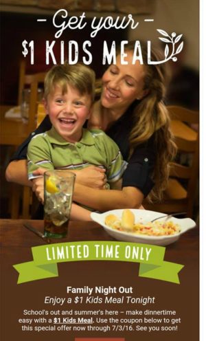 Olive Garden Kids Eat For 1 Through July 3