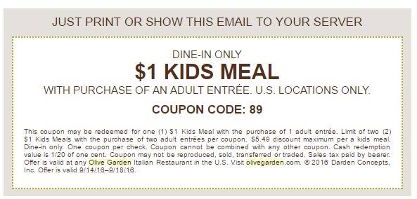 Olive Garden Kids Meals Only 1